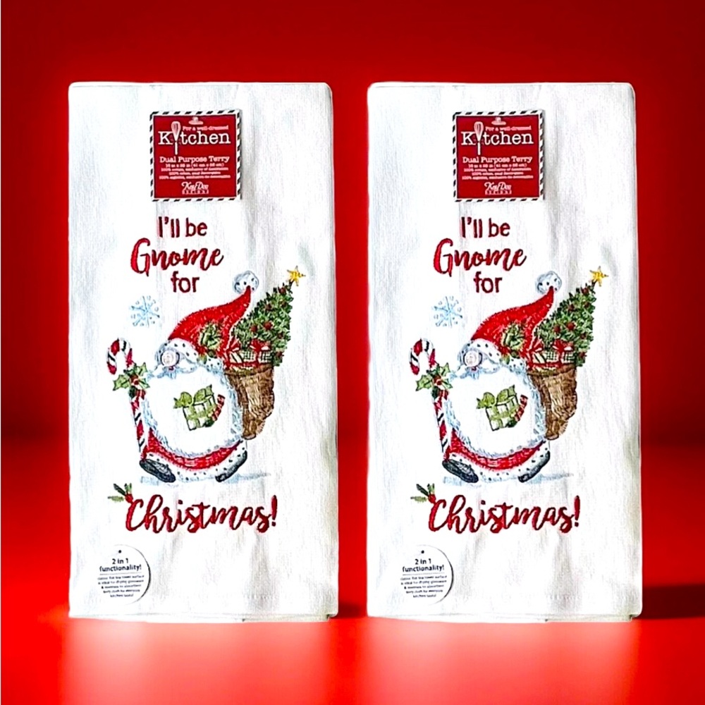 I’ll Be Gnome For Christmas Terry Kitchen Towels by Kay Dee Designs Set of 2 NWT